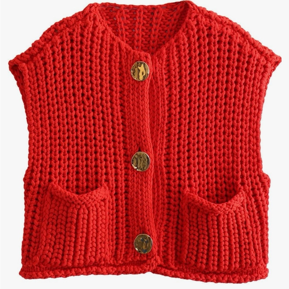 Chunky Knit Red Sweater Vest with Pockets size Large